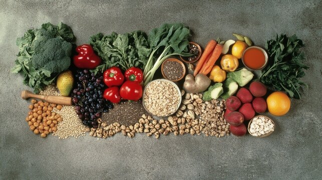 Healthy food clean eating selection: fruit, vegetable, seeds, superfood, cereal, leaf vegetable on gray concrete background
