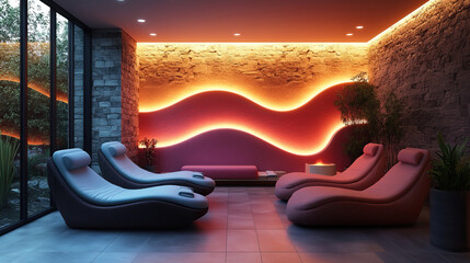 Modern spa lounge with ambient lighting and relaxation chairs
