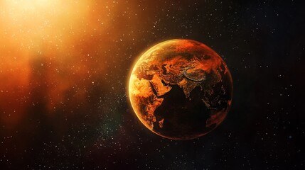 Fototapeta premium Global warming and climate change concept. Hot weather thermometer with arrow on high temperature symbol on glass earth globe on red drought background with copy space. Increase hot degrees level.