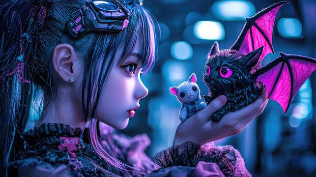 A futuristic girl in a cyberpunk setting holding a cute cat and a bat-like creature with glowing eyes