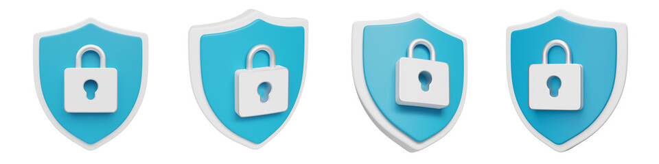 Set of blue shield with lock 3d icon illustrations isolated on transparent background