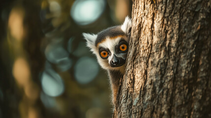 A curious lemur peeks around a tree trunk in a sunlit forest, showcasing its striking eyes and distinctive facial markings.