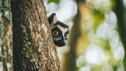 Curious lemur peeks out from behind a tree in a lush forest setting, showcasing its prominent eyes and expressive face.