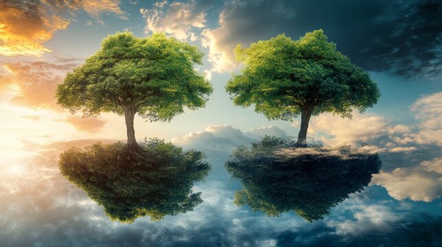 Reduce CO2 emissions to limit climate change and global warming. Tree canopy against oxygen O2 and carbon dioxide CO2 molecules.net zero.Carbon dioxide absorption and oxygen release concept