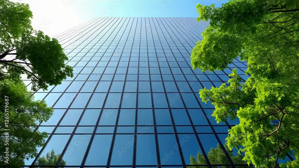 Poster tall building with a lot of windows and trees in the background. the trees are green and the sky is 