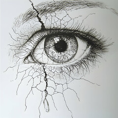 Fototapeta premium Cracked eye, tear, pain, emotional distress, monochrome drawing, artistic expression, mental health illustration, graphic design