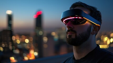 A man wearing a pair of virtual reality goggles is looking at the city below