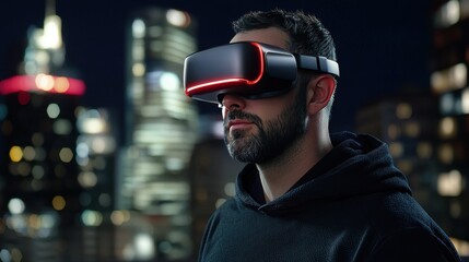 A man wearing a virtual reality headset stands in front of a city skyline