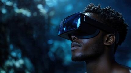 A man wearing a virtual reality headset is looking at a blue background