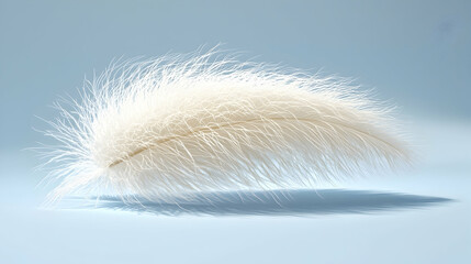 Single white feather floats gently on light blue background; serenity, lightness, peace, design element