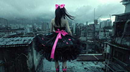 Girl in a black dress with pink accents stands on a rooftop overlooking a stormy cityscape