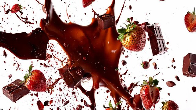 Slow motion shot of thick, liquid chocolate splashing copiously along with crunchy pieces of dark and milk chocolate, along with fresh strawberries, isolated on white background