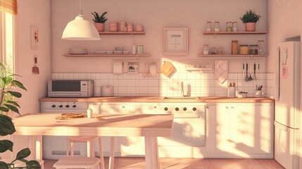 Cozy pastel kitchen featuring natural light and wooden accents