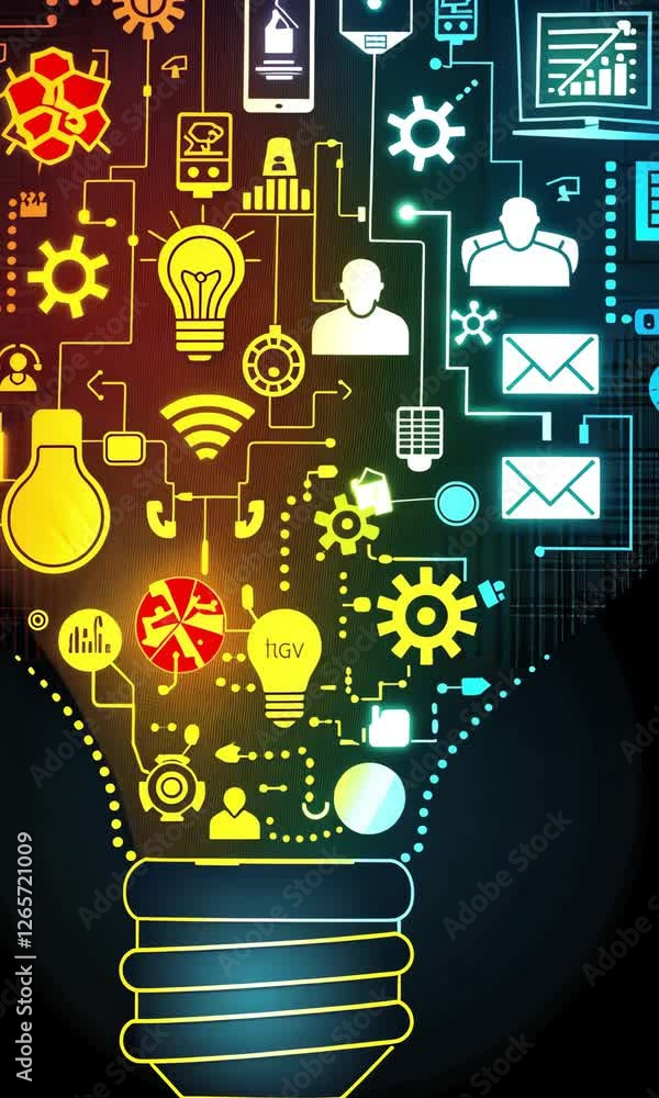 Poster innovative technology concepts represented through colorful lightbulb design showcasing ideas and co