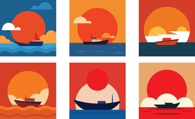 a boat floating on the ocean under a giant orange