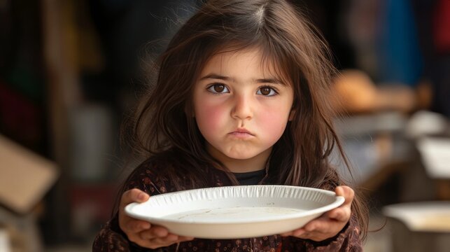 Kabul, Afghanistan - Oct 18 2023: A little Afghan girl, who is in need and hungry, is holding an empty plate