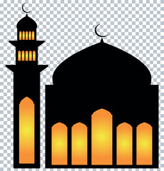 Glowing Mosque Silhouette PNG with Crescent Moon – Islamic Transparent Background Design for Ramadan, Eid, and Islamic Art.