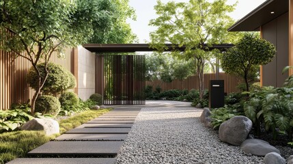 Obraz premium Serene japanese garden entrance with stone paths and greenery