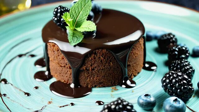 Slow motion rotation of a small cocoa cake with liquid chocolate topping dripping copiously on an elegant blue ceramic plate, decorated with mint leaves, blackberries and fresh blueberries