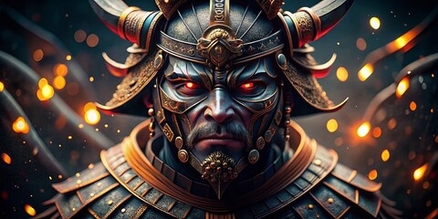 Fototapeta premium Dramatic Bokeh Photo of a Samurai Mempo Mask on Black Background