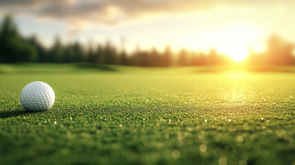 White golf ball resting on pristine green, catching golden sunset glow before potential stroke