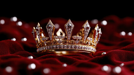 A sparkling gold crown studded with jewels resting on luxurious red velvet, symbolizing royalty and elegance.