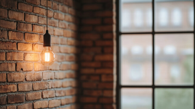 Vintage filament light bulb suspended against weathered red brick, radiating warm industrial ambiance in minimalist loft setting