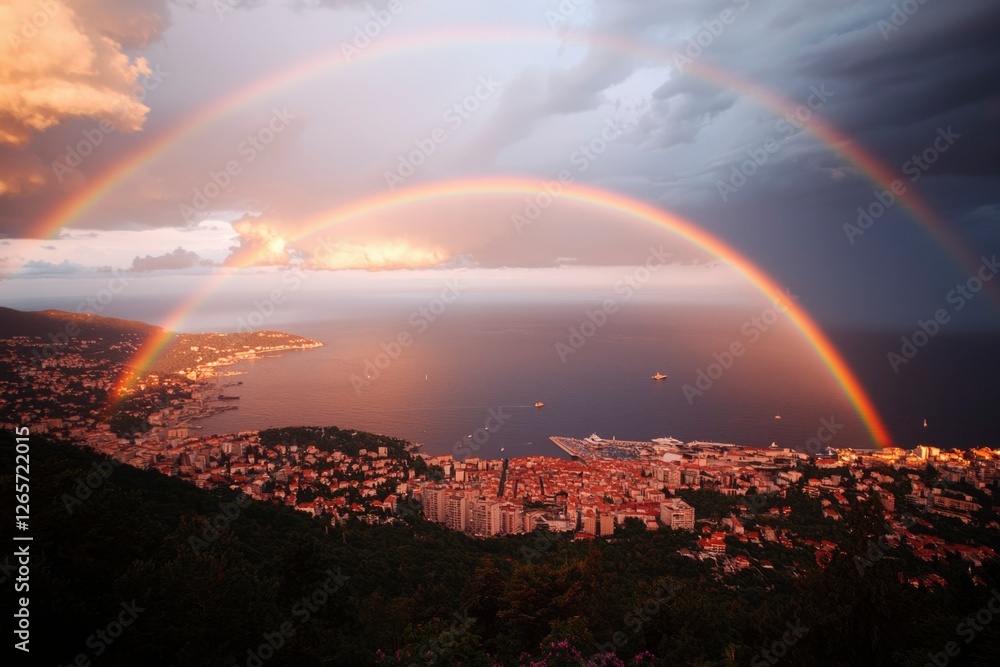 Wall mural Double rainbow over a European city after the storm, travel, hope, nature