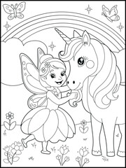 Black and white fairy coloring pages for kids. Children's coloring books with cute cartoon fairy and unicorn characters, fun and educational materials for kindergarten.