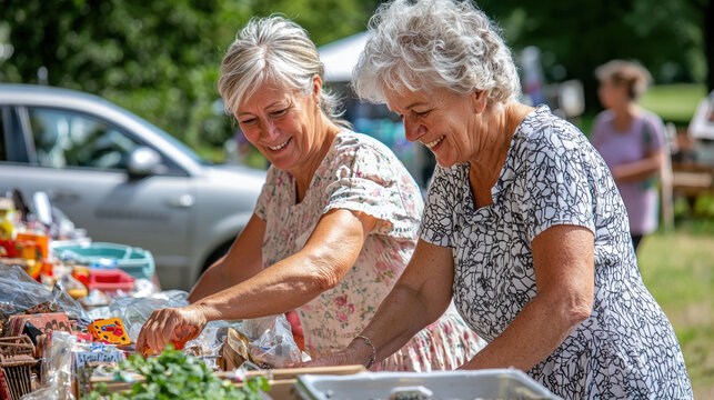 Two elderly women joyfully pose at a market stall filled with treats, radiating friendship and warmth in the lively setting.