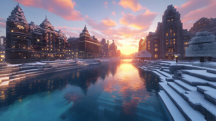 Obraz premium Snowy city canal sunset, winter cityscape, game rendering, background for fantasy game design
