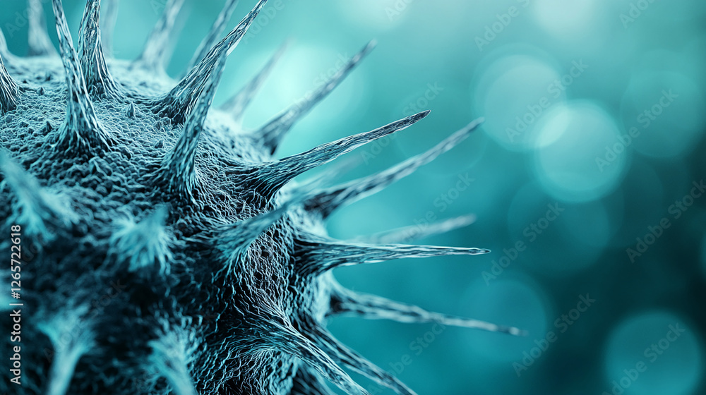 Poster Close-up view of a virus cell with sharp spines, showcasing the microscopic details and structure of viral pathogens in a vivid blue-green color scheme.