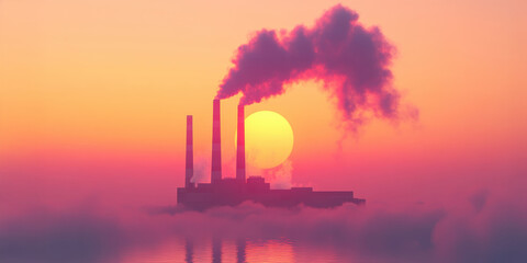 A smokestack silhouetted factory against a vibrant pink sunset, with smoke billowing into the serene evening sky, creating a juxtaposition of nature and industry.