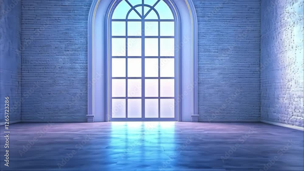 Poster a spacious room with a large arched window and soft lighting, creating a calm and serene atmosphere.