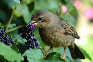 A small bird eats a berry from a plant in this photo