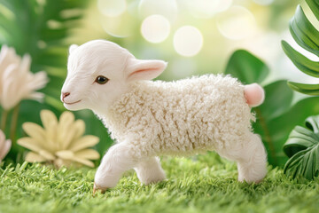 Naklejka premium Lambs Frolicking in a Sunlit Field concept. Cute lamb figurine surrounded by greenery and flowers