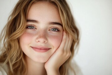 A close-up photo of a young woman with freckles on her face, great for personal or commercial use
