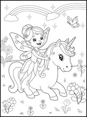 Black and white fairy coloring pages for kids. Children's coloring books with cute cartoon fairy and unicorn characters, fun and educational materials for kindergarten.