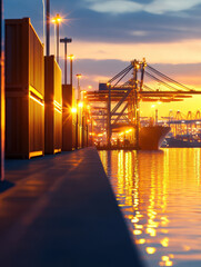 Obraz premium Golden hour at a bustling port, reflecting vibrant lights on the water as cranes and containers silhouette against the twilight.