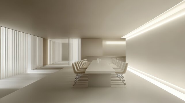 Bright neutral toned conference room with long table and chairs