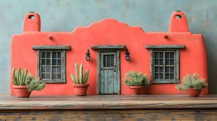 Obraz premium Southwestern-style house model, cacti, rustic wood, home decor, interior design