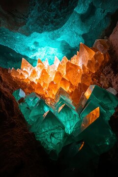 Illuminated crystals in a cave showing geology, exploration. Possibly for science