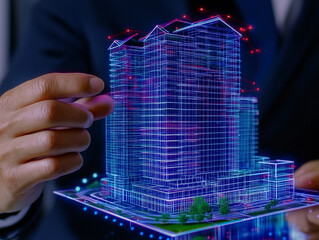 Architect's Digital Blueprint: A person's hands interact with a futuristic, holographic 3D model of a modern skyscraper, showcasing cutting-edge architectural design and innovative technology.