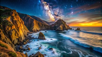 Fototapeta premium Dramatic Night Timelapse: Devil's Slide Coastal Cliffs, Starry Sky, Ocean Waves