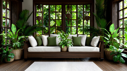 Tropical Room Relaxation Indoor plants, comfy couch, jungle view