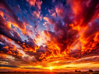 Fototapeta premium Dramatic Red Sunset Sky with Majestic Clouds - Evening Landscape Stock Photo
