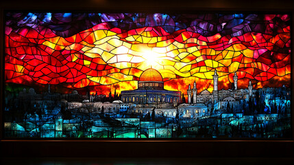 Obraz premium Stained glass sunset over Jerusalem cityscape