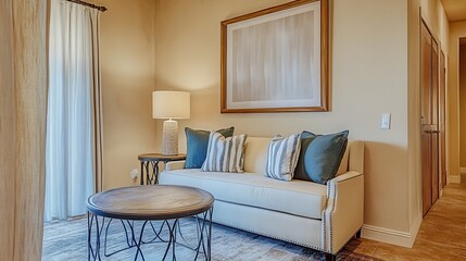 Beautiful interior showcases a cozy sofa with decorative pillows