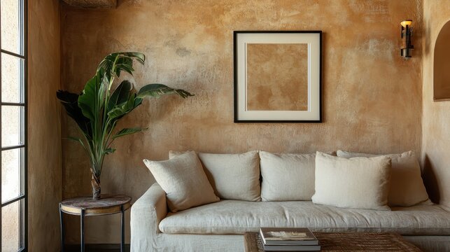 Beige textured living room with couch plant and framed artwork