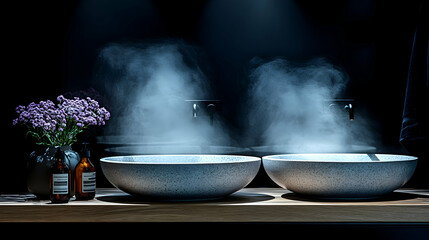 Steam rises from bathroom sinks, flowers nearby, dark background, spa setting, wellness image